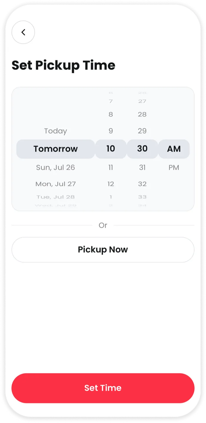 The Noqta app scheduling a pickup time for a future date