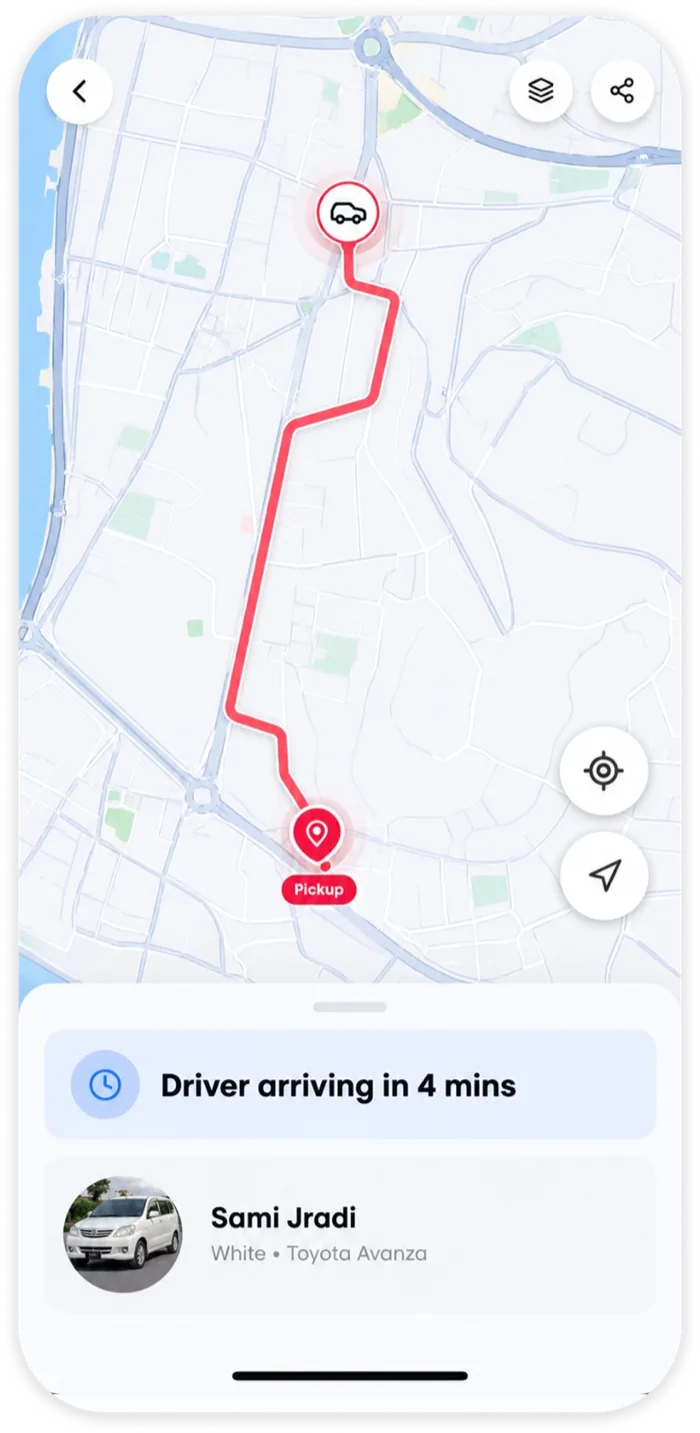 The Noqta app tracking a taxi on the map with the driver name and car